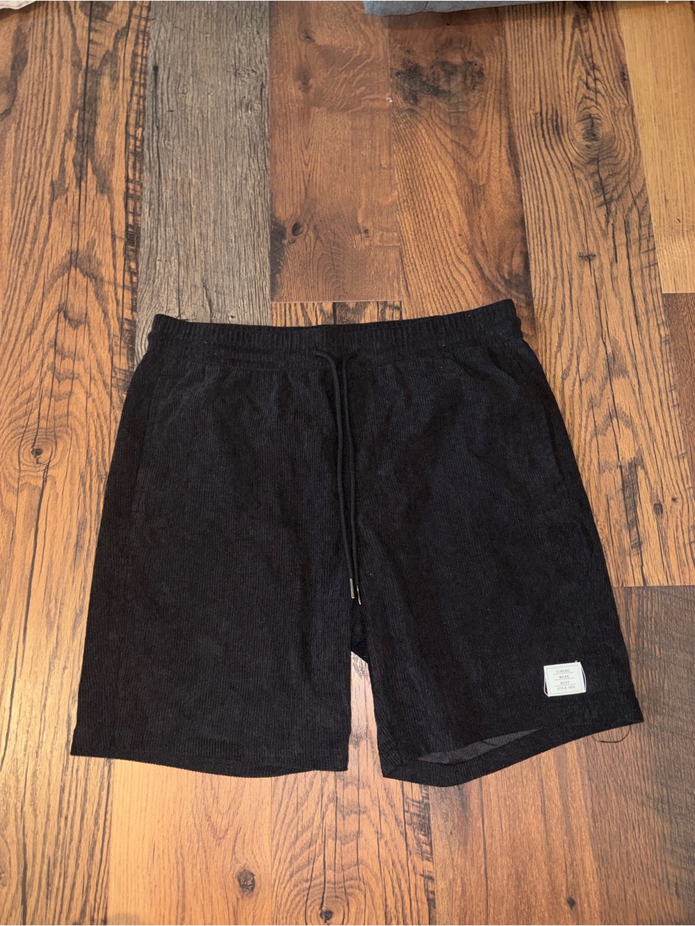 Classic Black Ribbed Terry Shorts with Logo Patch